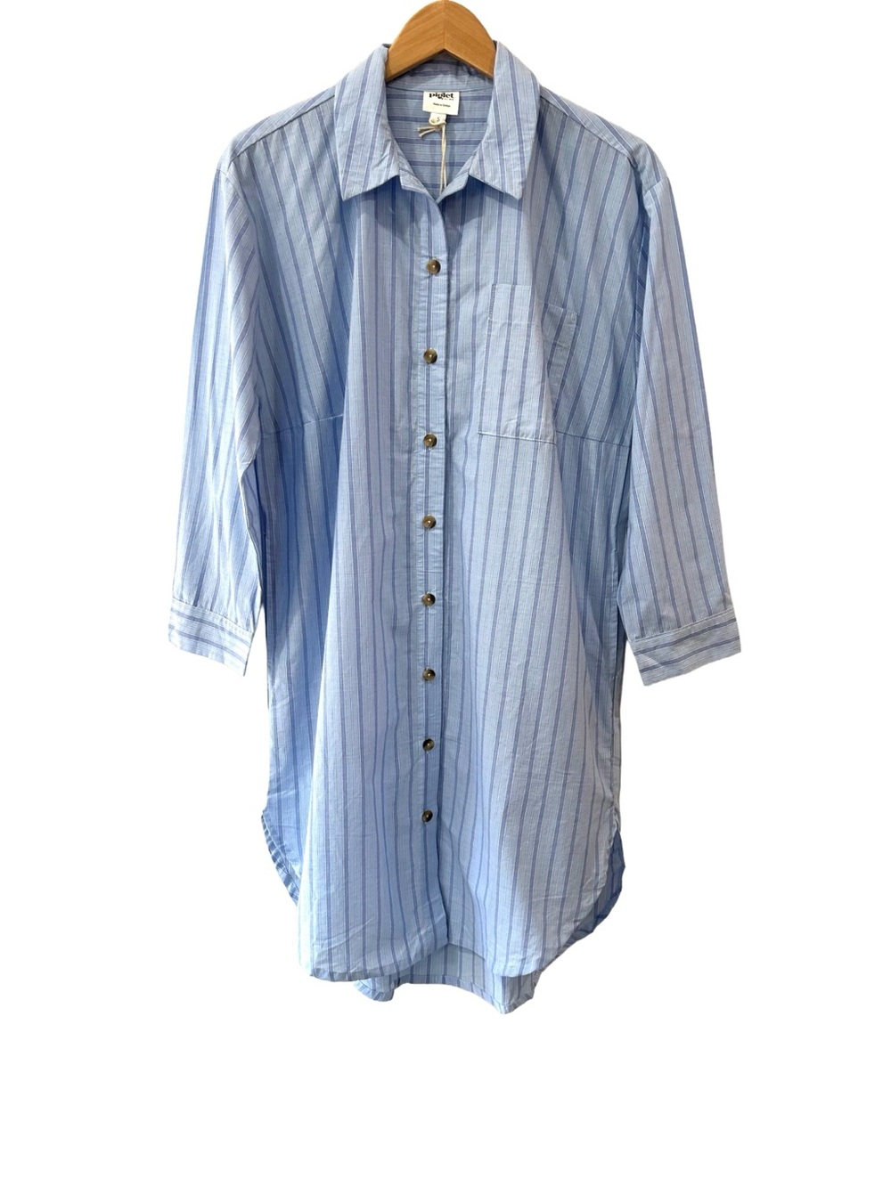 Piglet in Bed women’s cotton nightshirt S blue stripe relaxed oversized NWT